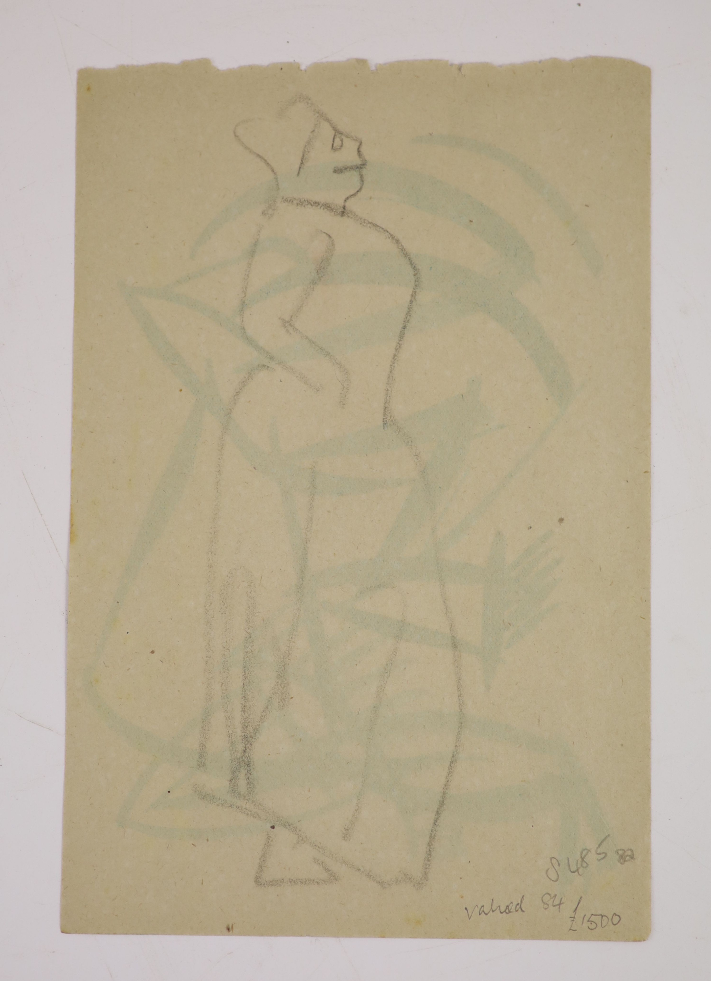 Henri Gaudier-Brzeska (1891-1915), Standing woman in profile, an abstract sketch to verso, in green watercolour, charcoal on paper, 14 x 21cms., unframed